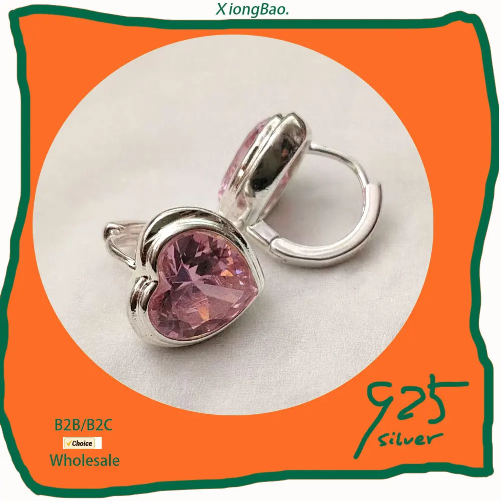 

Pink Love Zircon Personalized Design Temperament Peach Heart Earrings 925 Silver Hoop Earrings Korean Fashion For Women Jewelry