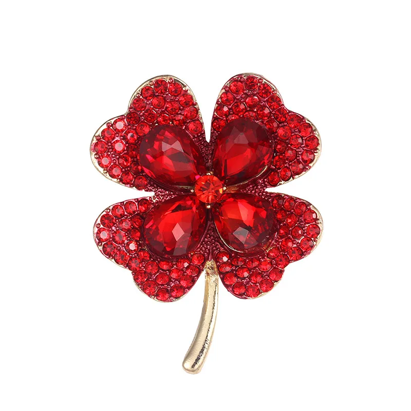 Crystal Four Leaf Clover Brooch Green and Red Romantic Fashion Flower Jewelry Charm Girl Lover Gift Summer Birthday Dropshipping