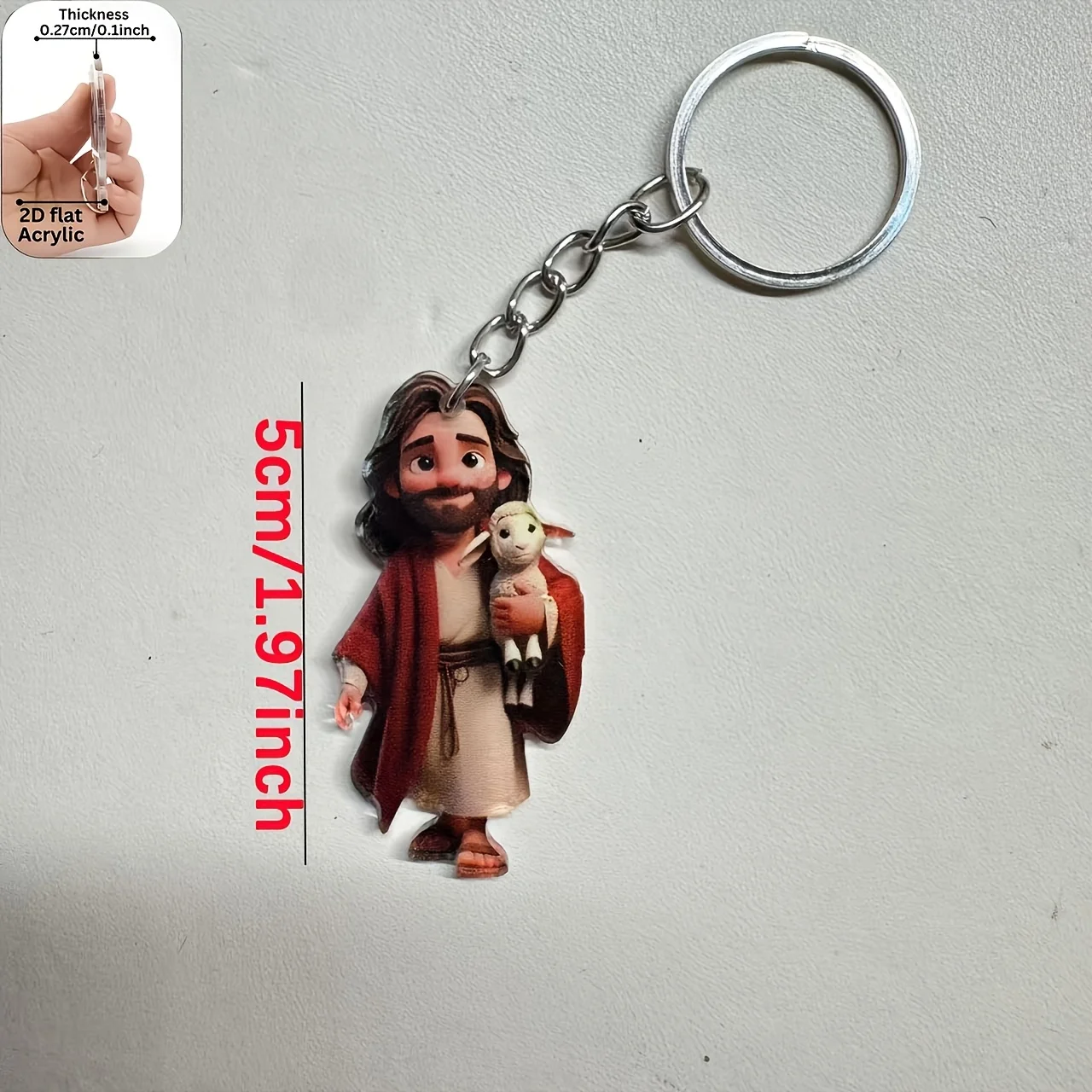 2D Flat 5pcs  Acrylic Keychain Cartoon Jesus With Lamb Pendant Religious Christian Key Ring Backpack Decor Faith Gift