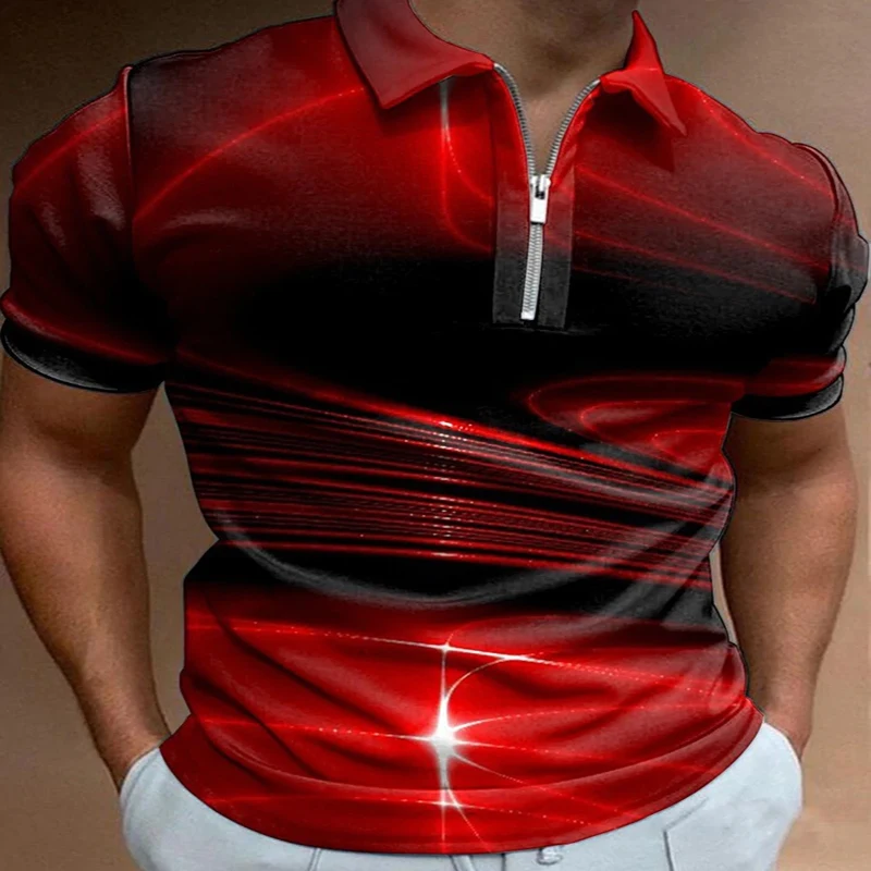 Vintage Red Line 3D Print Polo Zipper Short Sleeve Shirt for Men