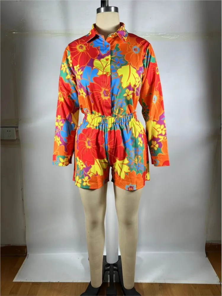 Printed 2 Piece Sets Women Outfit Summer Fashion Casual Beach Vacation Flower Print Long Sleeve Shirt And Shorts Two Piece Set