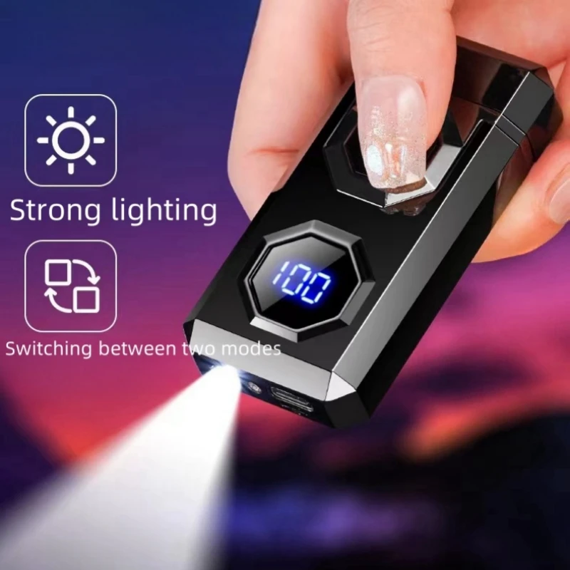 Metal High Power Windproof Arc Charging USB Lighter Outdoor Strong Light Large Capacity Battery Level Display Electric Lighter