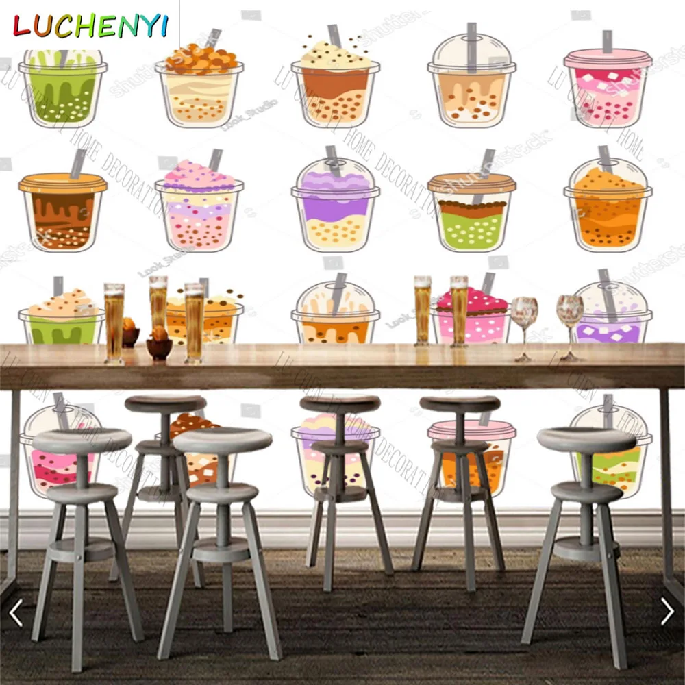 Custom colorful bubble tea juice coffee wallpaper mural restaurant cold drinking shop dining room wall papers home decor sticker