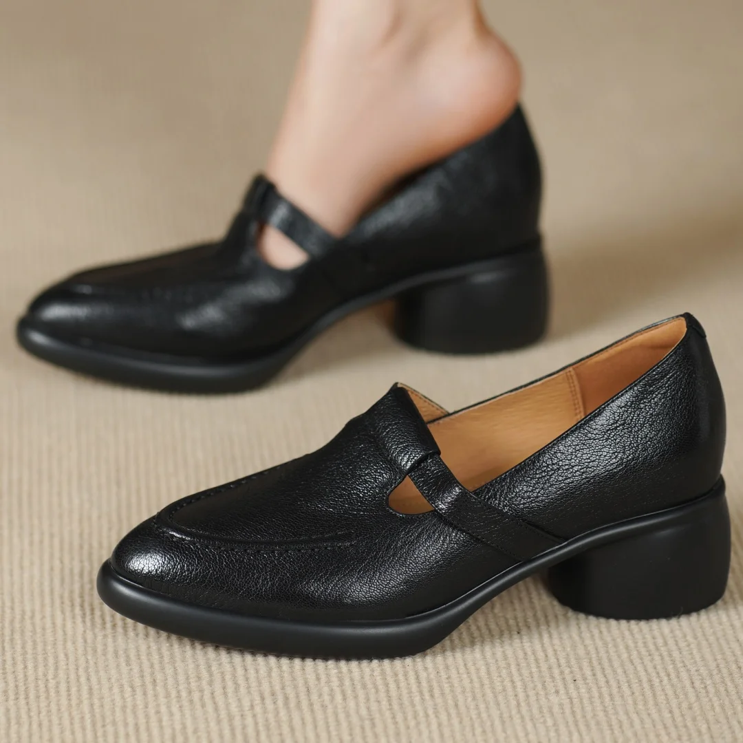 

Женские туфли-лодочки без шнуровки из овчины с узким ремешком и Т-образным ремешком, высококачественные мягкие удобные повседневные женские туфли на среднем каблуке толщиной 5 см