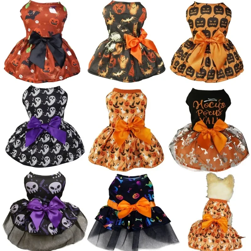 

Funny Halloween Pet Dress With Pumpkin Print Dog Clothes Chihuahua Yorkie Bow Mesh Party Clothing Cat Costumes Dog Dress