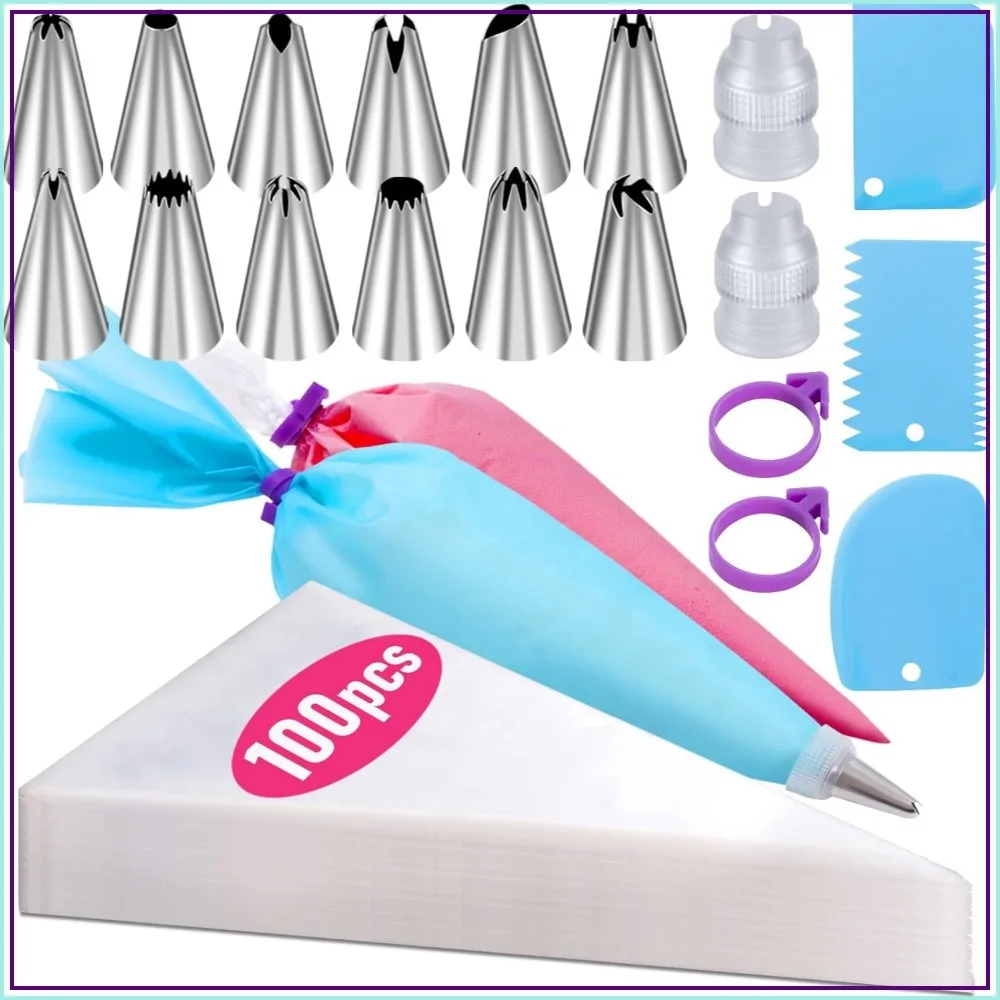100 Pcs Disposable Pastry Bags & 12 Tips Set, 12 Inch Icing Bags for Cake Decorating, Anti-Burst, Reusable Silicone Bag & Couplers Included