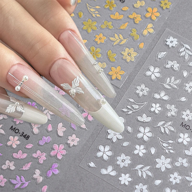 Summer Nail Art Decals Embroidery Design Plants Flower Pure White Pearl Vintage Soft Relief Nail Art Decoration Sticker Manicure