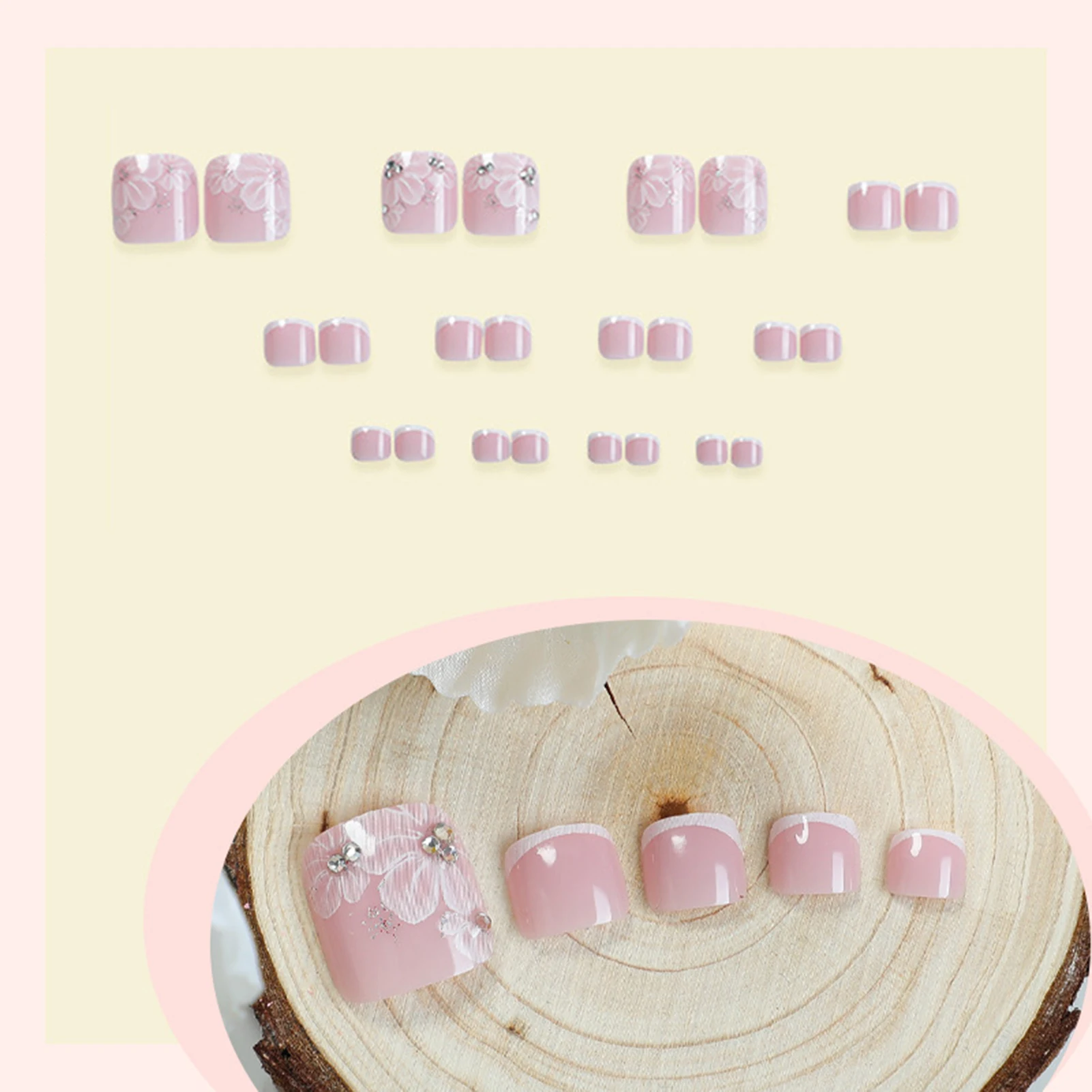 24개 여름용 프레스온 발톱 누드 컬러 화이트 프렌치 팁 가짜 발톱 꽃무늬 다이아몬드 디자인 풀커버 인조 발톱