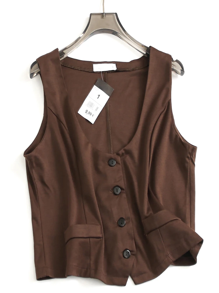 

Pure Color Slim Fit Button up Cardigan Sleeveless Short Style Outerwear Layering Casual Women's Vest M930 Polyester Fabric