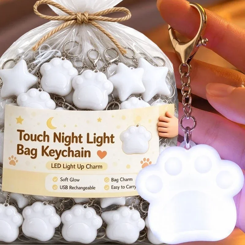 1/6Pcs LED Light Touch Sensitive Light Keychains Cute Star Cat Paw Shape Backpack Pendants Sensor Bed Lamp Heart Light Gift