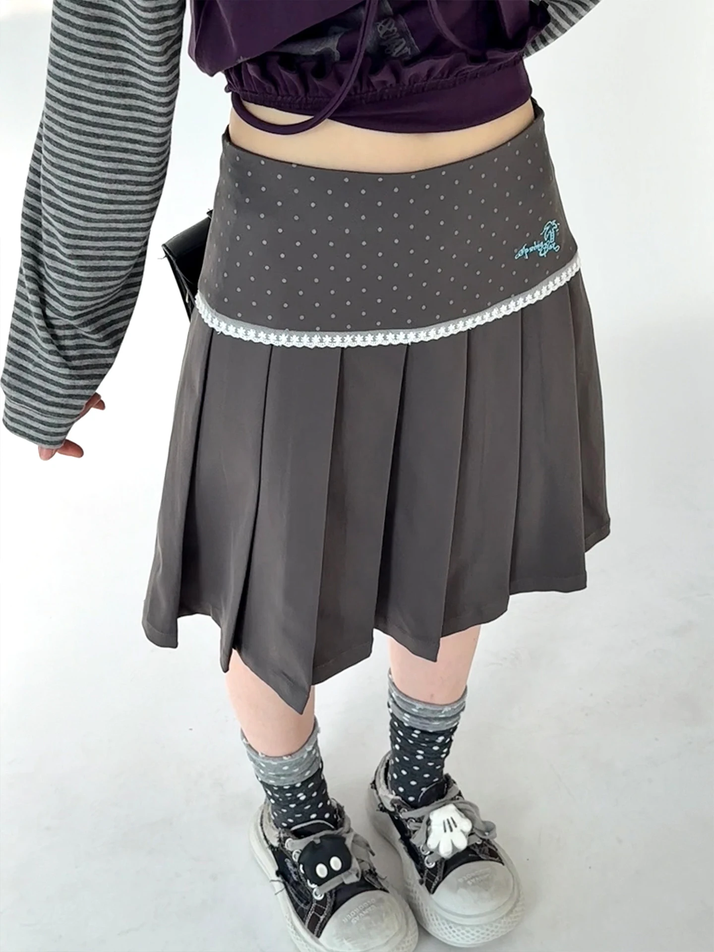 

Polka Dot A-Line Skirt Low Waist Gingham Pleated f Skirt Spring Field Too Ladies Retro Sle Embroidered Daily Casual Skirt