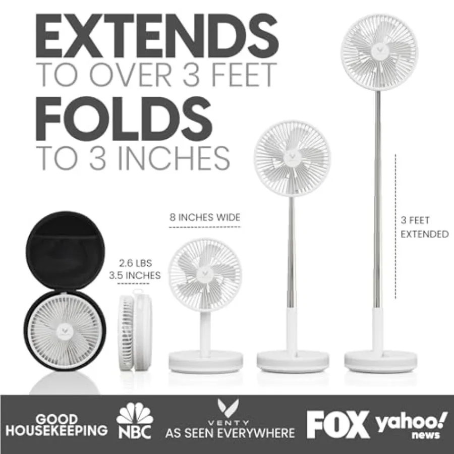 Portable fan for cruise, outdoor, and RV travel; white ABS plastic with LED lighting, 4 speeds, wireless battery operation, inc