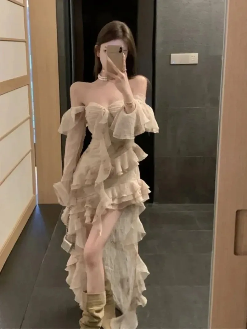 Sexy Romantic Slash Neck Dress for Women New Summer Slim Fit Ruffles Dresses Y2k E-Girl Long Sleeve 2024 Vestidos Mujer