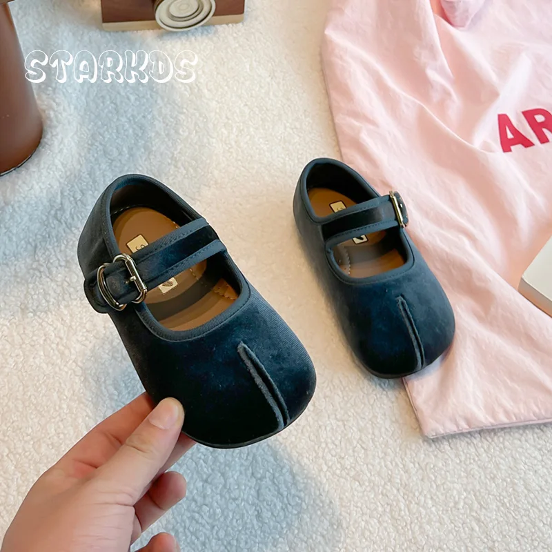Brand Design Tabi Toe Velvet Mary Jane Shoes Kid Girls Vintage Peacock‑blue Velour Ballet Flats Baby Child Retro Flat Dress Shoe