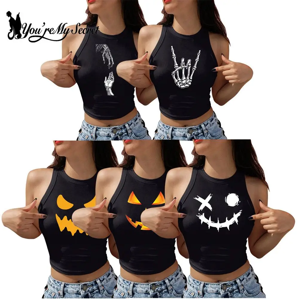 

[You're My Secret] Women Vest Goth Vintage Sleeveless Tank Streetwear Halloween Print Y2K Sexy Crop Top Shirt Slim Tee Summer