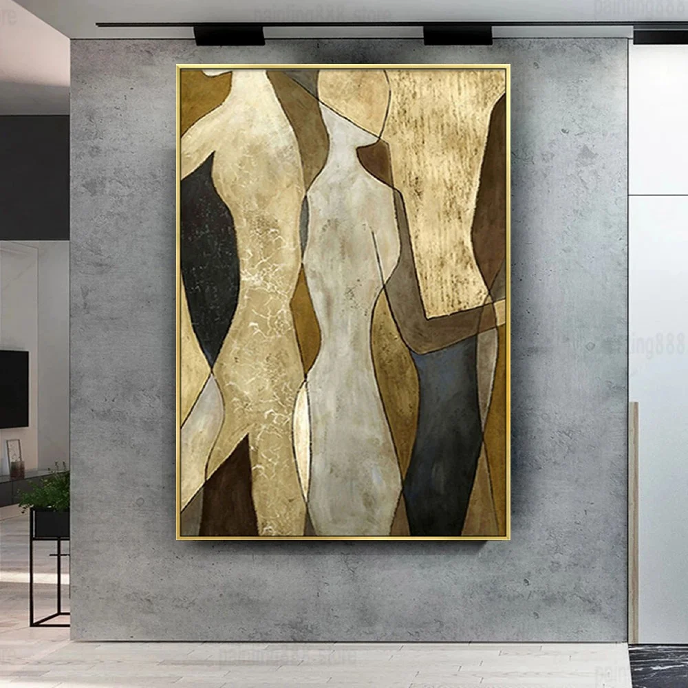 Pop Abstract Figure Oil Painting Handmade Gold Foil Scraper Textured Palette Knife Canvas Poster Decor Living Room Sofa Lovers