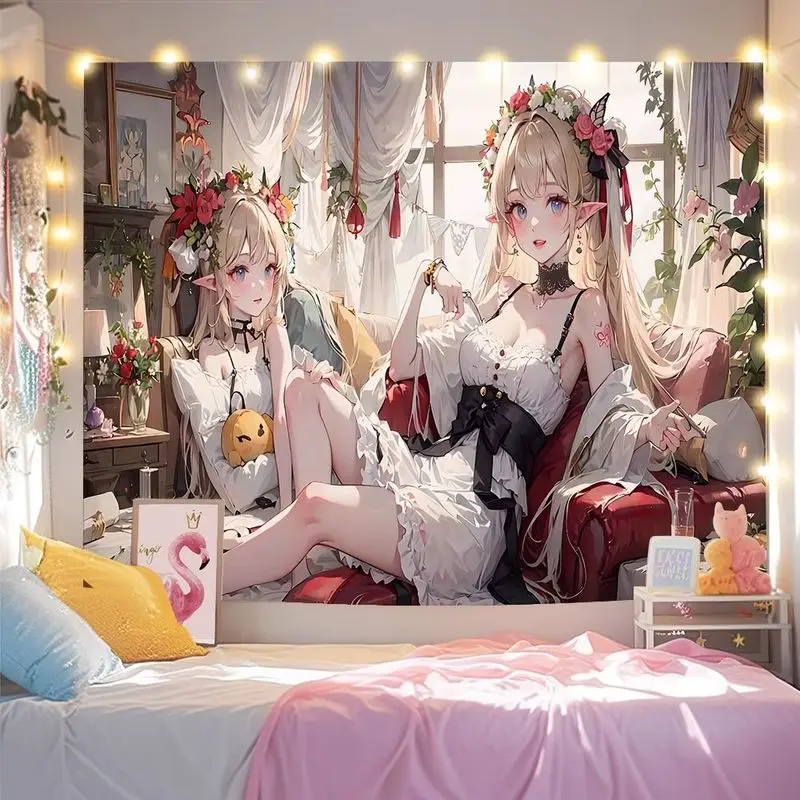 VIKAMA Fairy Girl Wreath Tapestry, Anime Beautiful Aesthetic Wall Hanging for Bedroom Living Room Dorm Decor