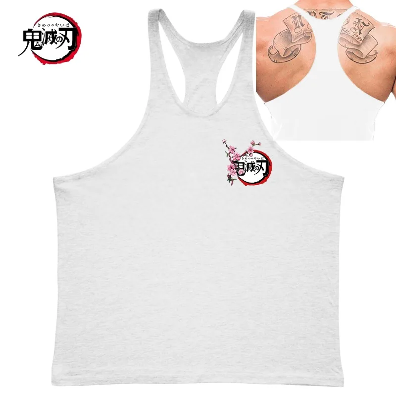 

Demon Slayer Cherry Blossom Logo Print Gym Tank Top - Men's Bodybuilding Sleeveless Vest, Cotton & Breathable Y-back Design