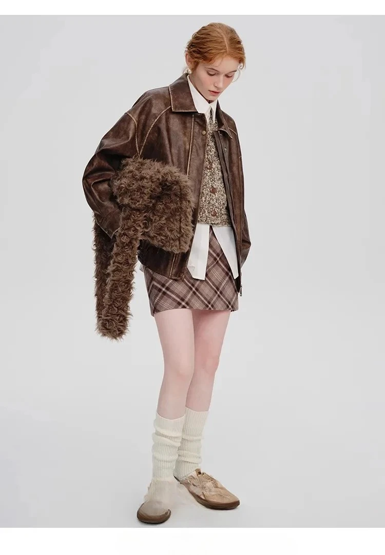 Leather Jacket Sweet Cool Motorcycle Pu Leather Jacket Short Jacket Spring and Autumn 2025 Retro Distressed Brown