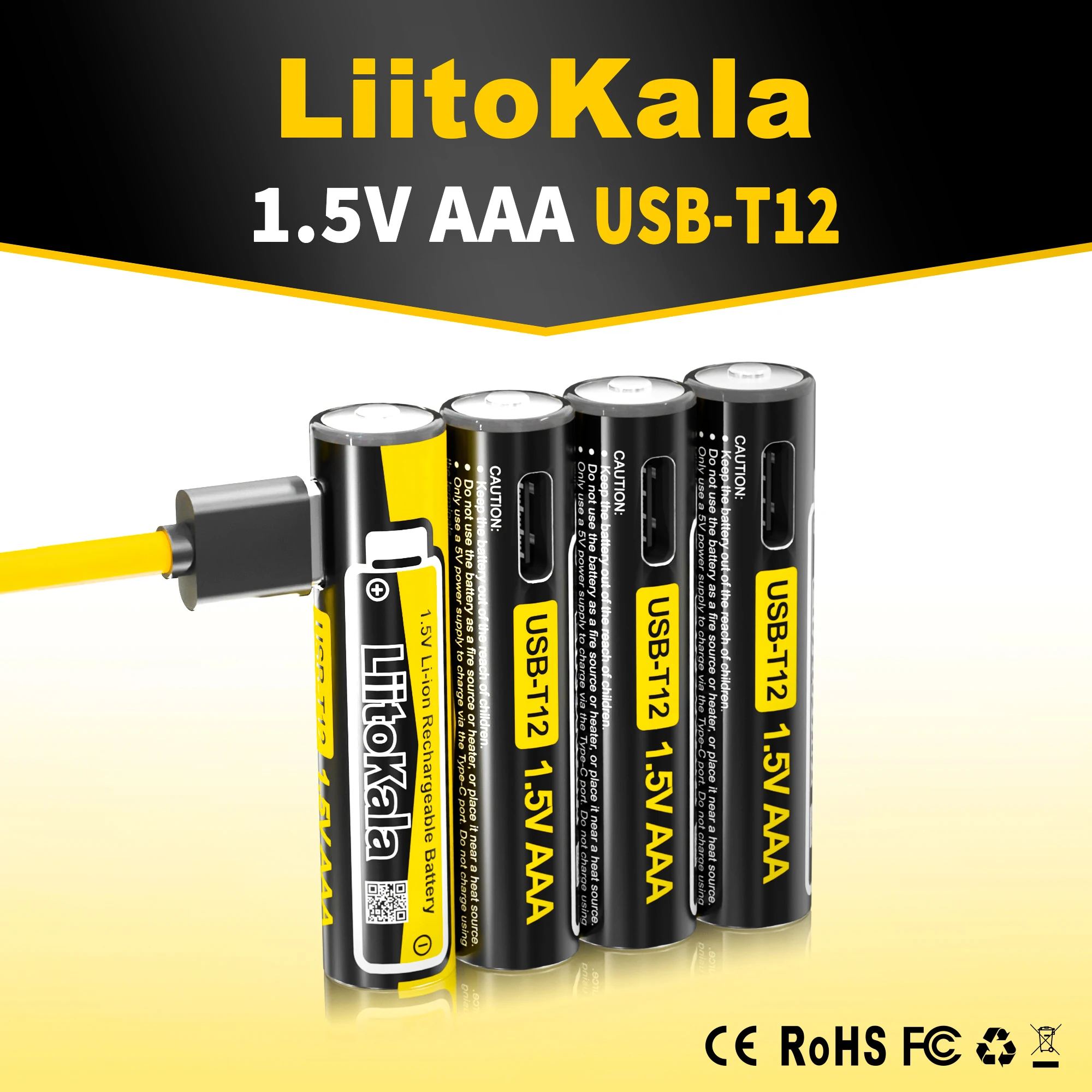 Liitokala USB-T12 1.5V AAA MAX 1200mWh Li-Ion Rechargeable Battery 1500 Cycle Type-C AA 2400mAh Battery with 4-in-1 USB Cable