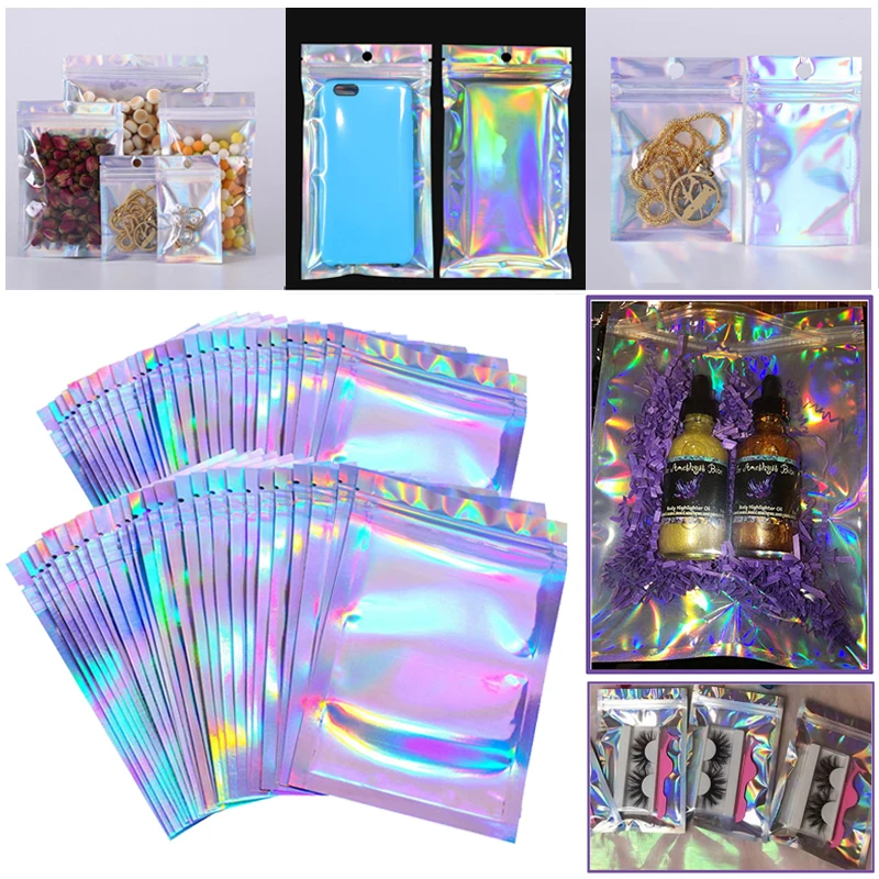 100Pcs Eyelashe Package In Bulk Holographic Laser Zip Lock Bag Necklace Storage Custom Brand Logo Sticker Idea Gift Packaging