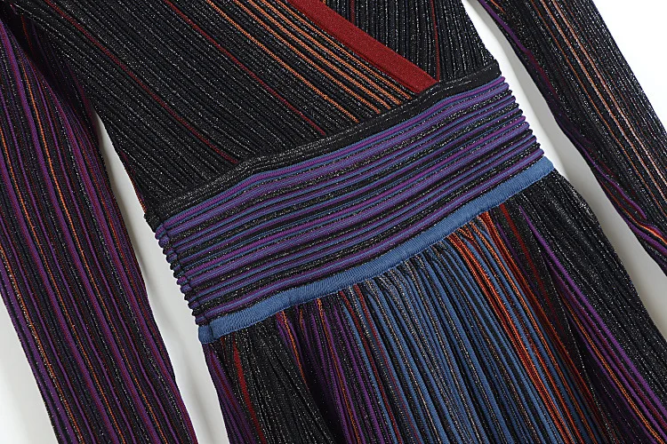 High Quality Women V Neck Metallic Sequined Embellished Striped Waist Pleated Long Knit Dress