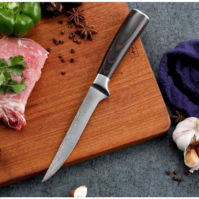 Kitchen Boning Knife Damascus Laser Pattern Butcher Knife Stainless Steel Bone Meat Fish Fruit Vegetables Chef Knife with Cover