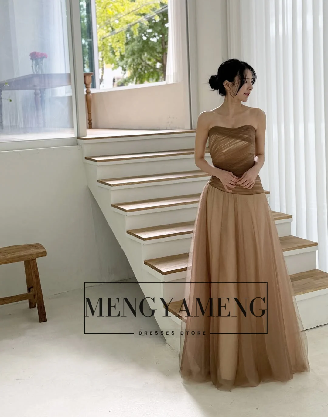 ZHUISHU فساتين الحفلات المسائية الكورية باللون البني على شكل حرف A بدون حمالات من التل الناعم للنساء فستان حفلات طويل مخصص 2026 #5