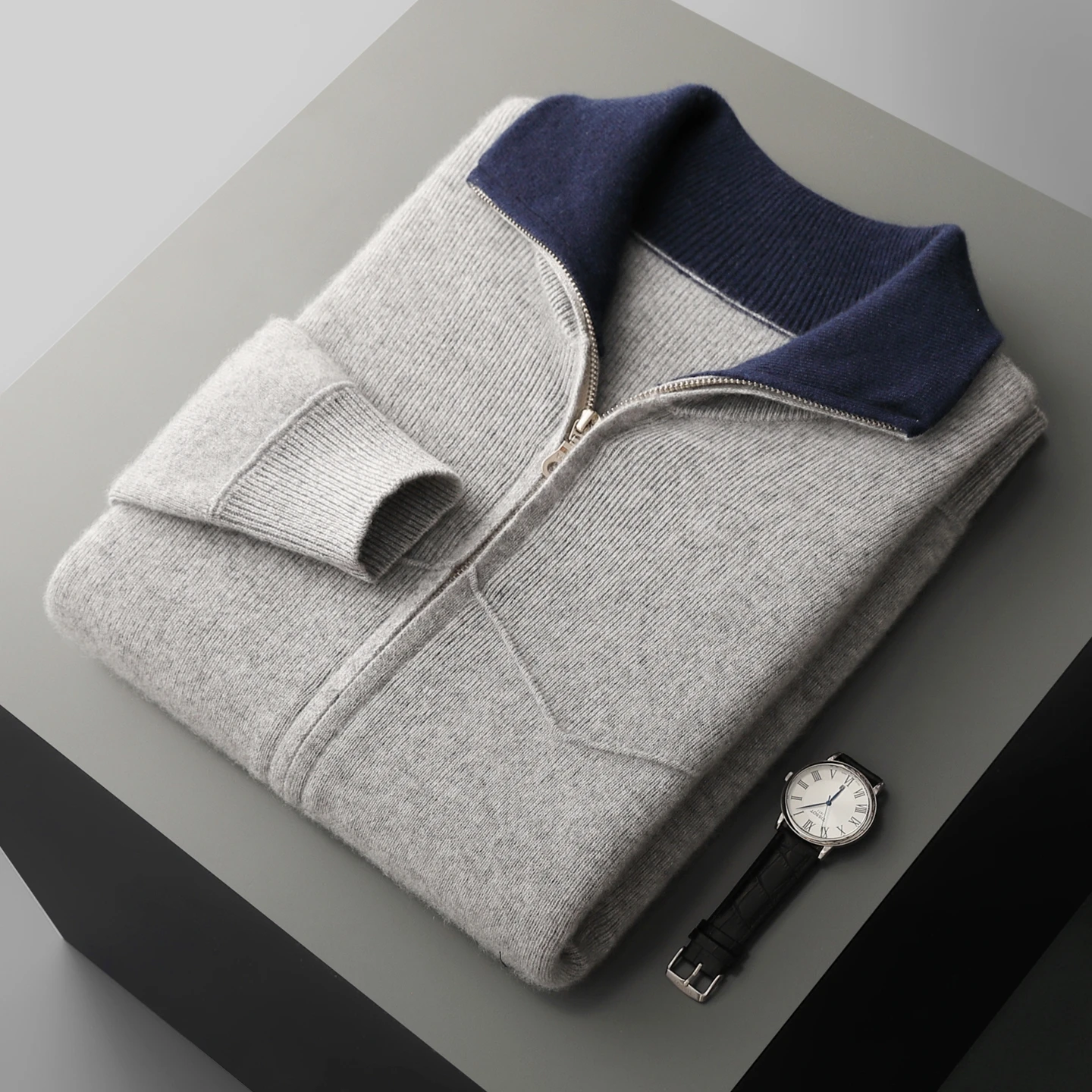 Men 100% Merino Wool Cardigan Coats Stand Collar Zipper Jacket Sweater Contrast Color New Chic Autumn Winter Thick Warm Knit Top