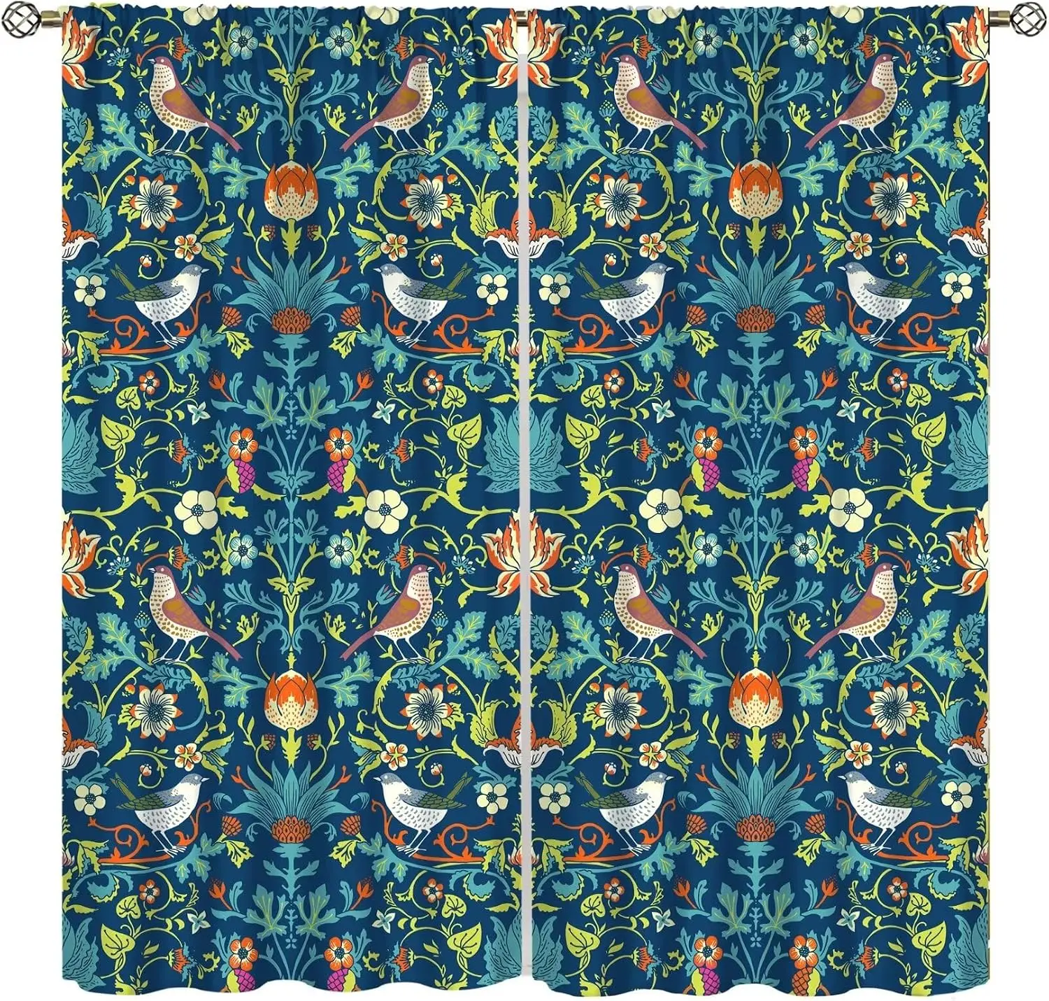 Vintage Bird Foliage Curtain Panels, Cool Teal Twig Flower Elegant European Art Pattern Drapes For Study Room Decor