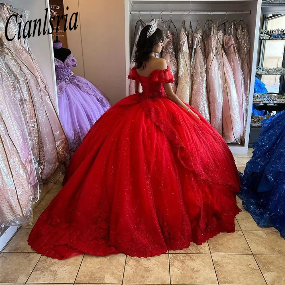 

Red Ball Gown Quinceanera Dresses Off Shulder Lace up Back Sweep Train Appliques Bead Party Dress vestidos de 15 años