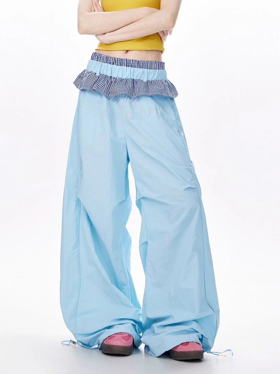 Summer 2026 Flared Pants with Ruffle Layering Loose Slimming Casual Wide Leg Knife  Trendy Girls Polyester Elastic Waist