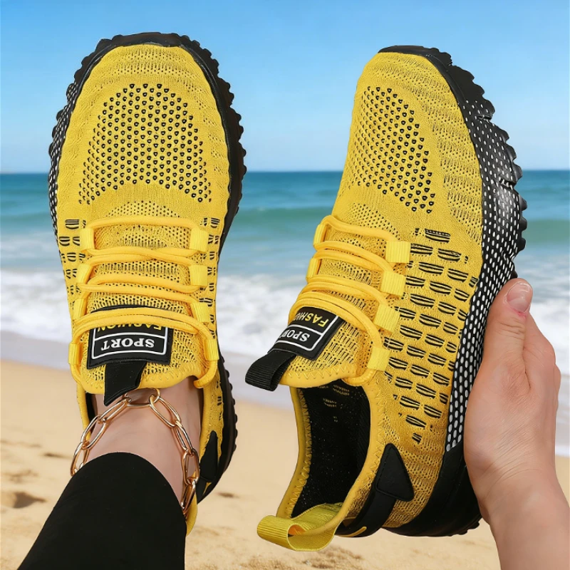 Neue gelbe gestrickte Turnschuhe, modische, atmungsaktive Freizeitschuhe, leichte, rutschfeste Damen-Lauf- und Wanderschuhe, Outdoor-Sportschuhe