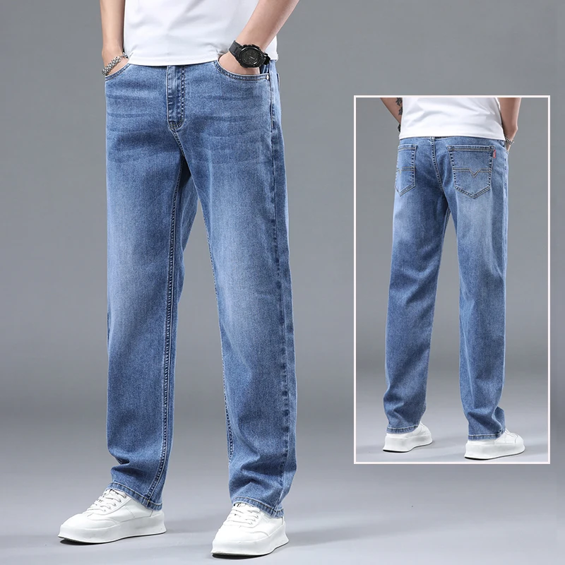 Jean droit extensible en coton pour hommes, pantalon Long décontracté en Denim, grande taille, classique coréen, bleu, noir, ceinturé, automne hiver