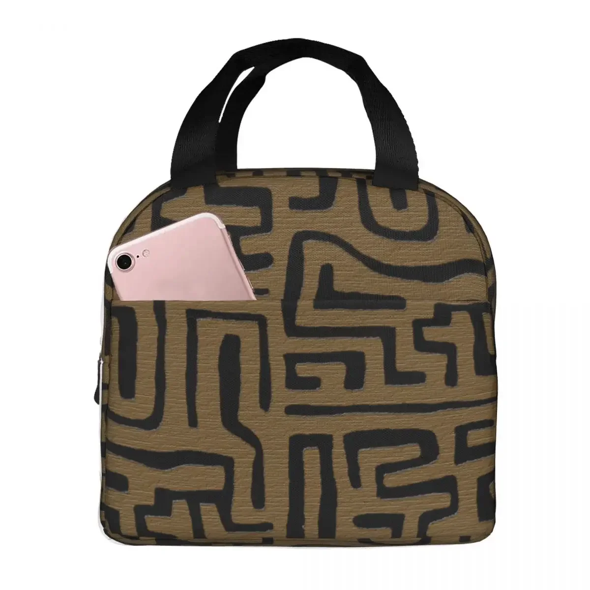 Kuba Cloth Graphic African Lunch Bag Portable Insulated Canvas Cooler Ancient Thermal Cold Food School Tote for Women Children