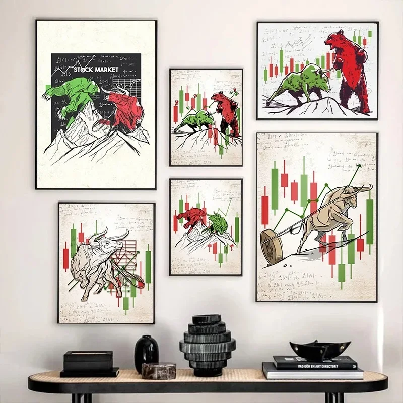 Vintage Bears Vs Bulls Stock Market Trading Art Poster Canvas Painting  Wall Print Picture for Office  Home Decor