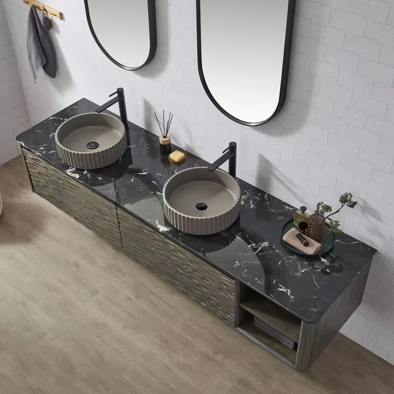 VAMA Customized Ripple Drawer Face Open Shelves Wall Mounted Bathroom Vanity with Concrete Basin