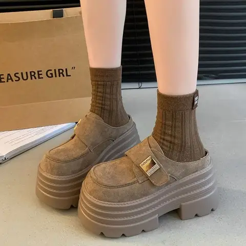 Women Suede Platform Shoes Hook & Loop Strap Super Chunky Lug Sole Round Toe Retro Autumn Casual Shoes