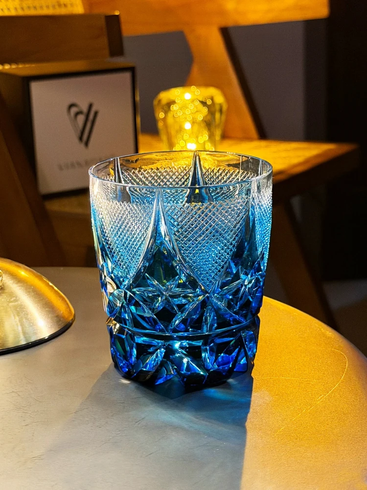 Hand Blown Starfish Crystal Whisky Glass Sapphire Edo Kiriko Cut Rocks Glasses Japanese-Inspired Luxury Lowball Cup Dropshipping
