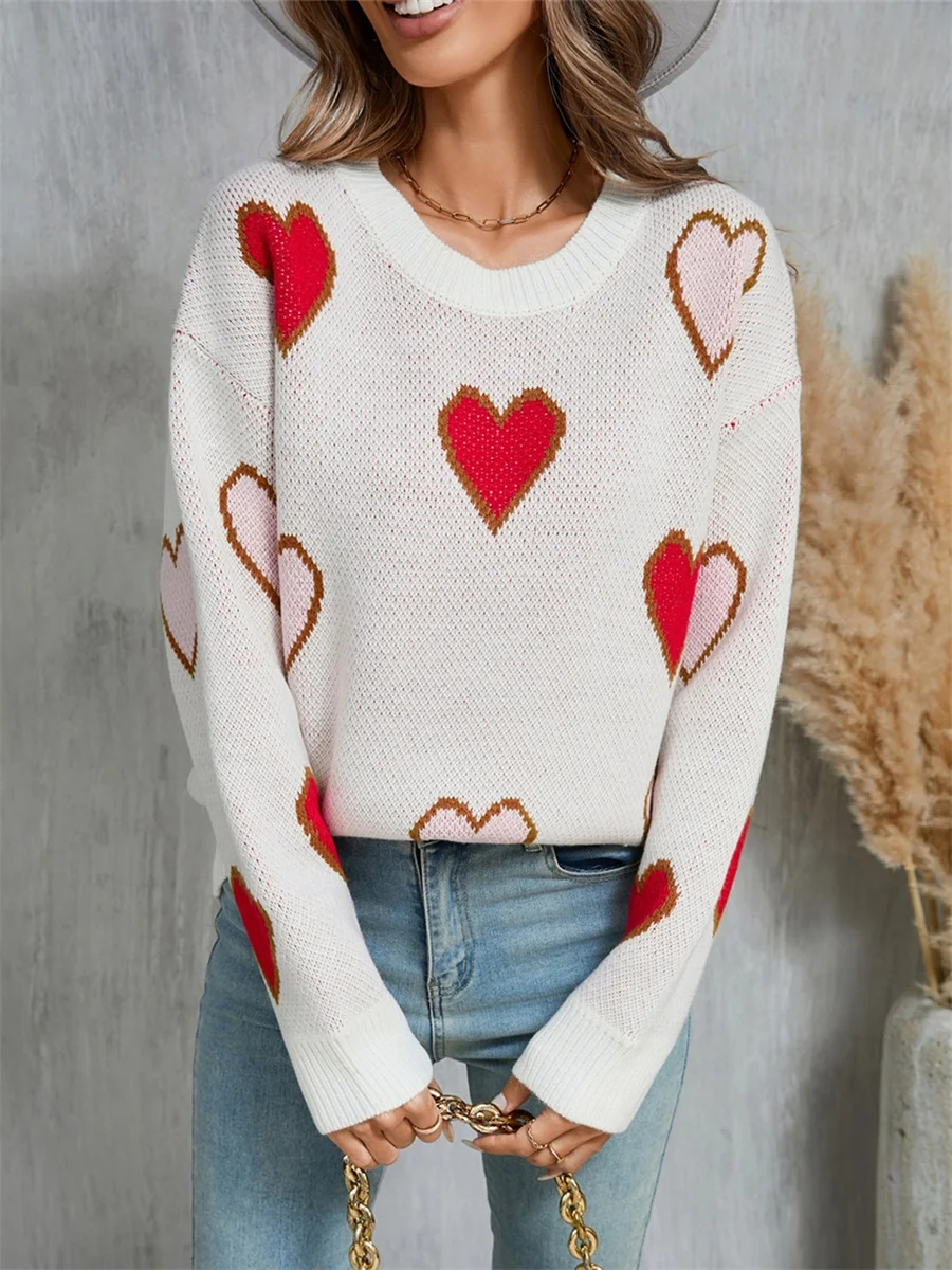 

Women Knit Sweater Long Sleeve Crew Neck Heart Pullover Warm Sweater for Fall Winter