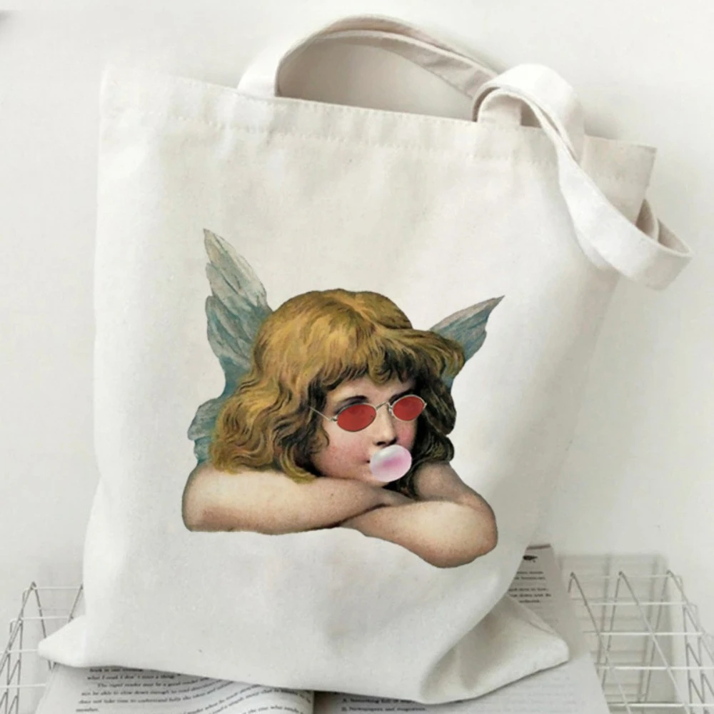 Fashion Cover Angel Tote Bag, Retro Cherub Print Reusable Shoulder Bag, Stylish Handbag for Art Lovers, Casual Shopping