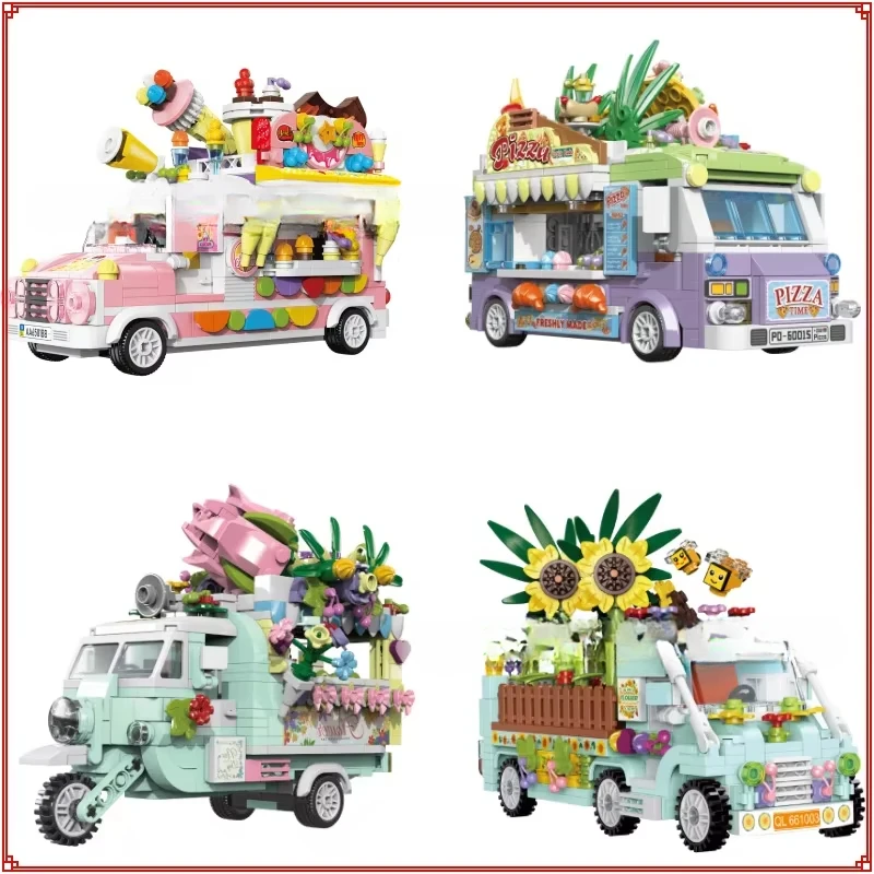 

Sunflower Float Ice Cream Pizza Cart Building Blocks Children's Puzzle Assembly Model Toy Home Decorations Kids Creative Gifts