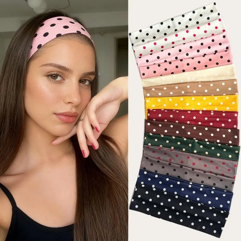 1pc Polka Dot Stretch Headband for Women Retro Sweet Wide Hair Band for Yoga Sports Makeup Sweat-Absorbent Hairbands