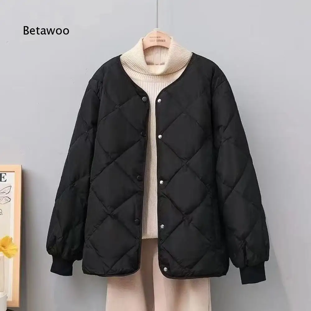 Ladies Loose Fit Quilted Padded Jacket Round Neck Long Sleeve Snap Button Front Warm Outerwear For Everyday Autumn Winter Wear