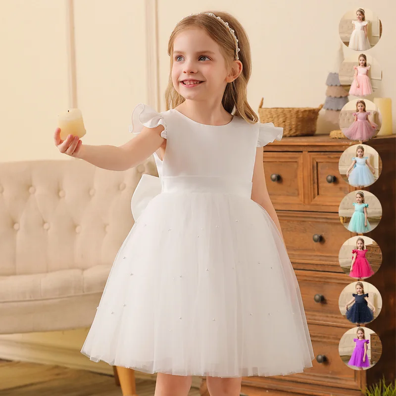

Cute Pearls Girls Birthday Party Gowns Soft Tulle Flower Girl Dresses For Wedding Customized Girl's Flying Sleeve Outfit Gowns