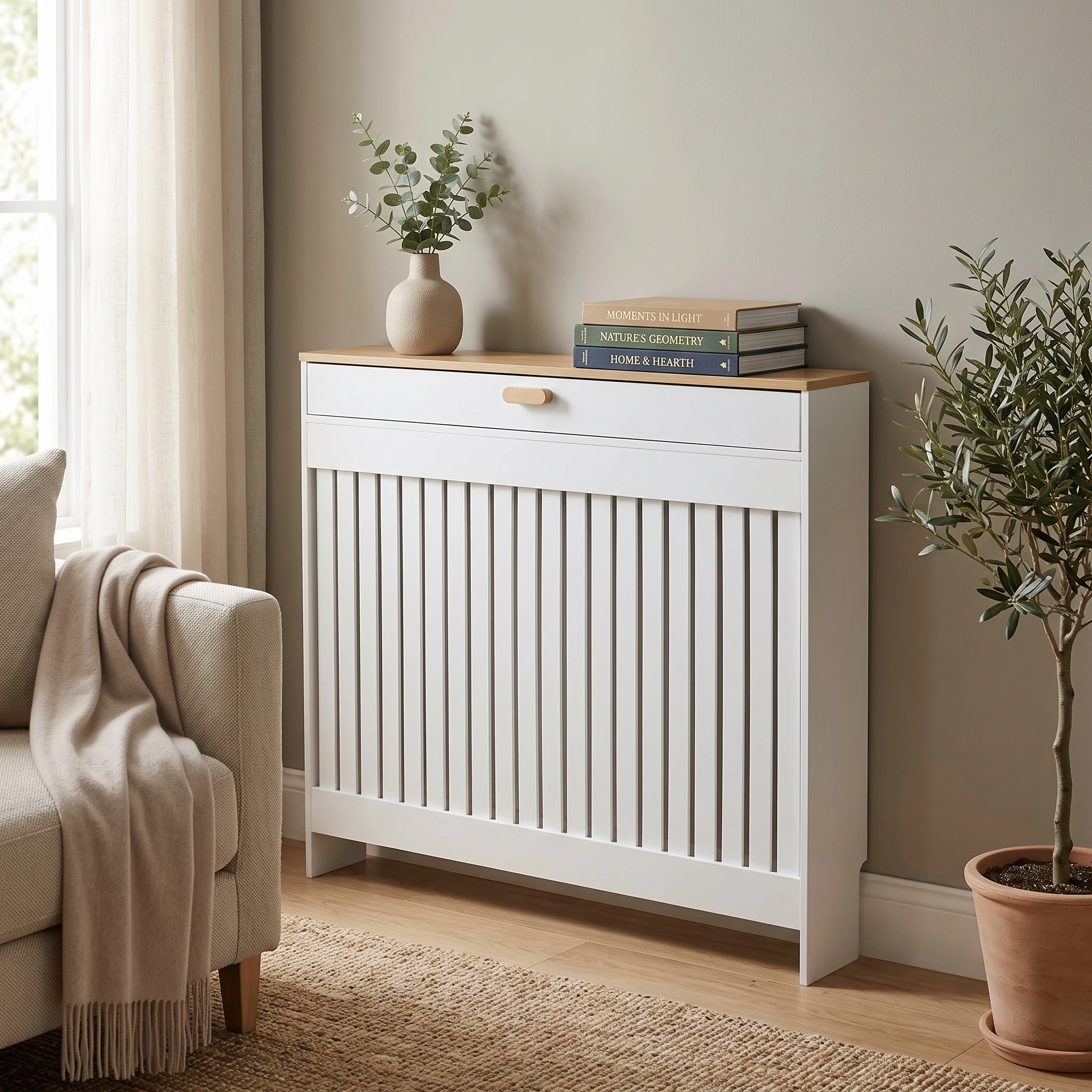 Radiator Cover with Drawer, White MDF Cabinet with Wood Effect Top and Vertical Slatted Front for Living Room and Hallway