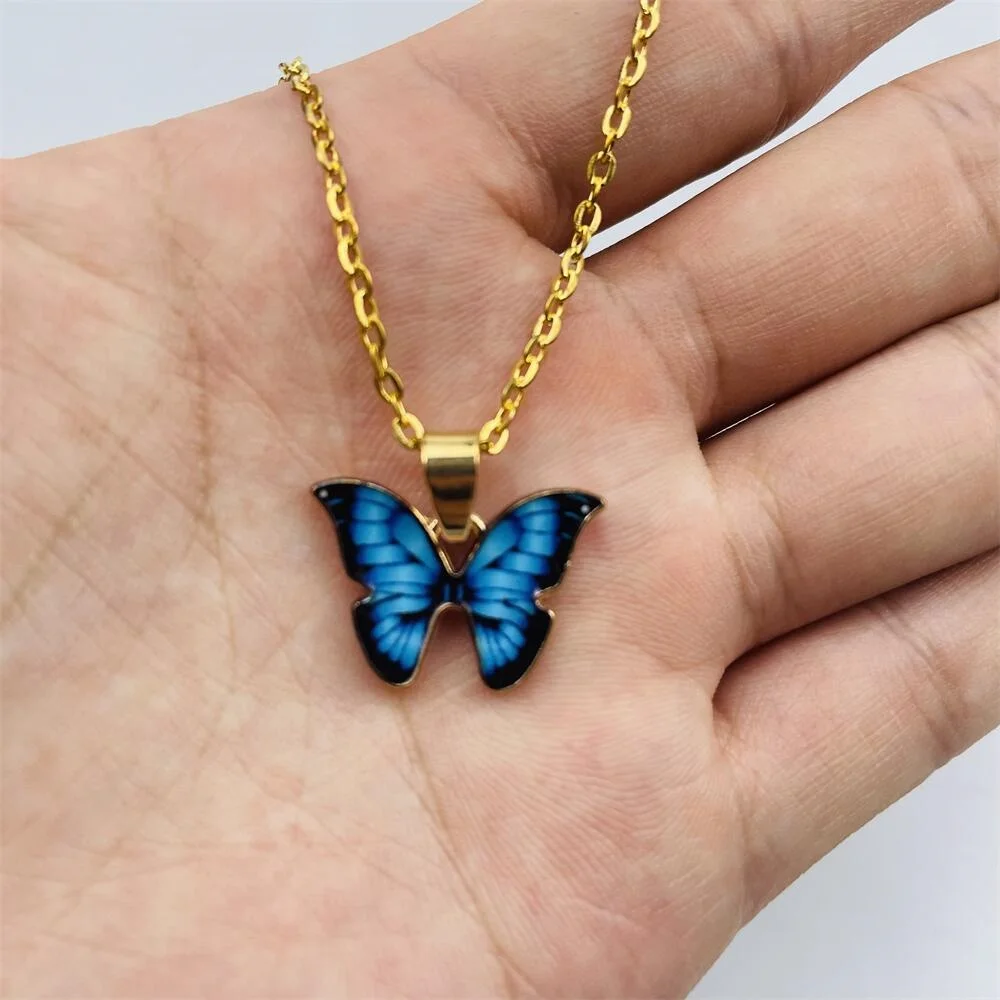 Fashion Blue Butterfly Pendant Necklace Bohemian Styles Golden Color Clavicle Chain Choker Women Girls Wedding Party Jewelry