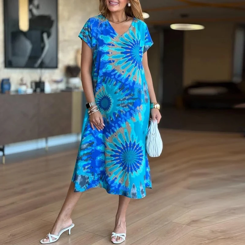 Elegantes Damenkleid, Boho, V-Ausschnitt, kurze Ärmel, lockere Vintage-Kleider, Damen, lässig, Strandparty, Midikleid