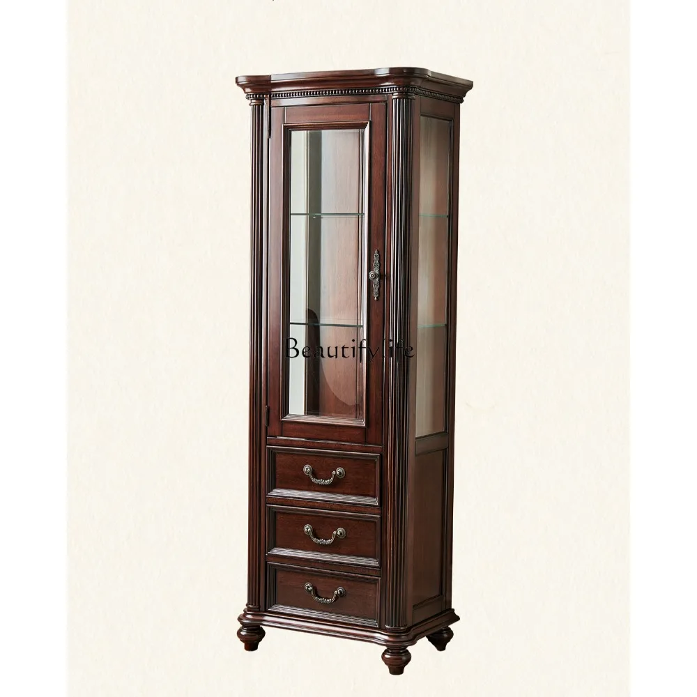 American solid wood wine cabinet All solid wood gold silk teak retro living room high wine cabinet displayed against the wall