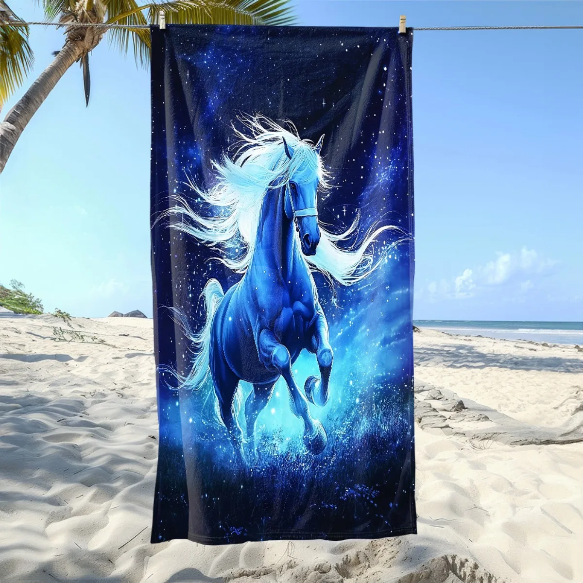 Blue Horse Starry Sky Print Beach Towel Polyester Soft Quick Dry Large Bath Towel Summer Swimming Pool Surfing Blanket